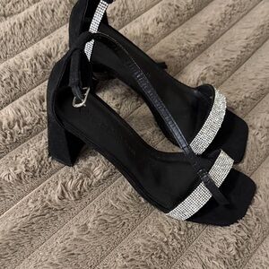 Black Rhinestone Block Heel Sandals - Brand: